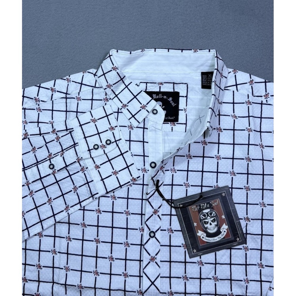 Rock Roll N Soul Shirt Mens XL White Geometric Grid Cowboy Rodeo Western NEW